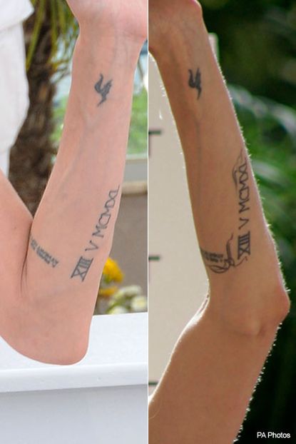 Gucci logo tattooed on inner forearm