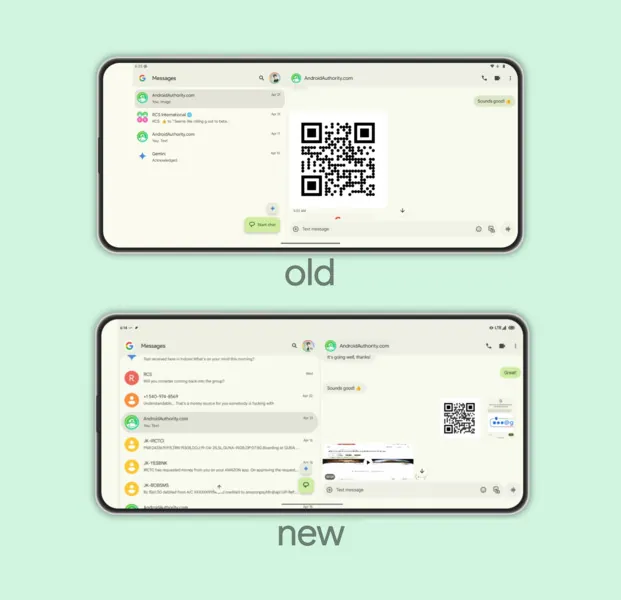 Screen shots of Google Message's old and new landscape view