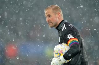 Leicester City goalkeeper Kasper Schmeichel wears a rainbow armband in support of Stonewall’s Rainbow Laces campaign during the Premier League match at the King Power Stadium, Watford. Picture date: Sunday November 28, 2021