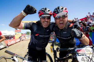 Stephen Roche and Sven Thiele celebrate an emotional finish