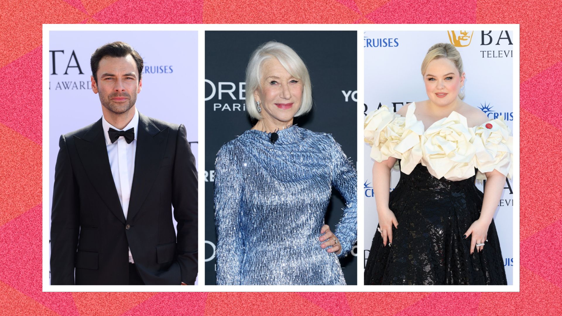 from L-R an image of aidan turner at the BAFTA awards on the red carpet, an image of helen mirren at the 20th Anniversary of L&#039;Oréal Paris Women of Worth ceremony, and Nicola Coughlan at the 2025 BAFTA Television Awards