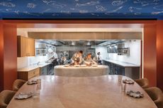 The view from the pink marble Chef's Table at H&eacute;l&egrave;ne Darroze at The Connaught