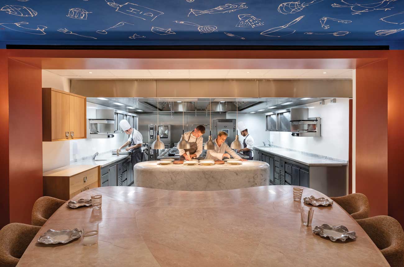 The view from the pink marble Chef's Table at H&eacute;l&egrave;ne Darroze at The Connaught