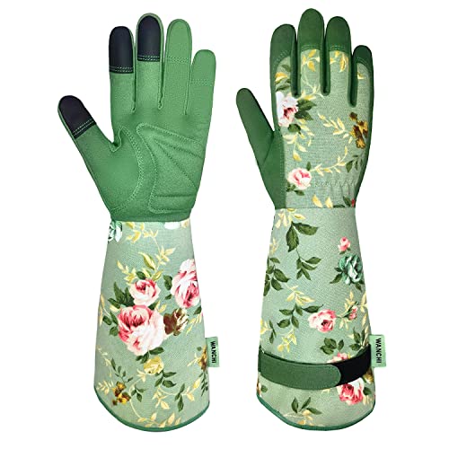 Wanchi Gardening Gloves, Durable and Comfortable Women's Long Garden Gloves for Gardening Work and Yard Work, Leather Gardening Gloves for Women, Green Print (medium)