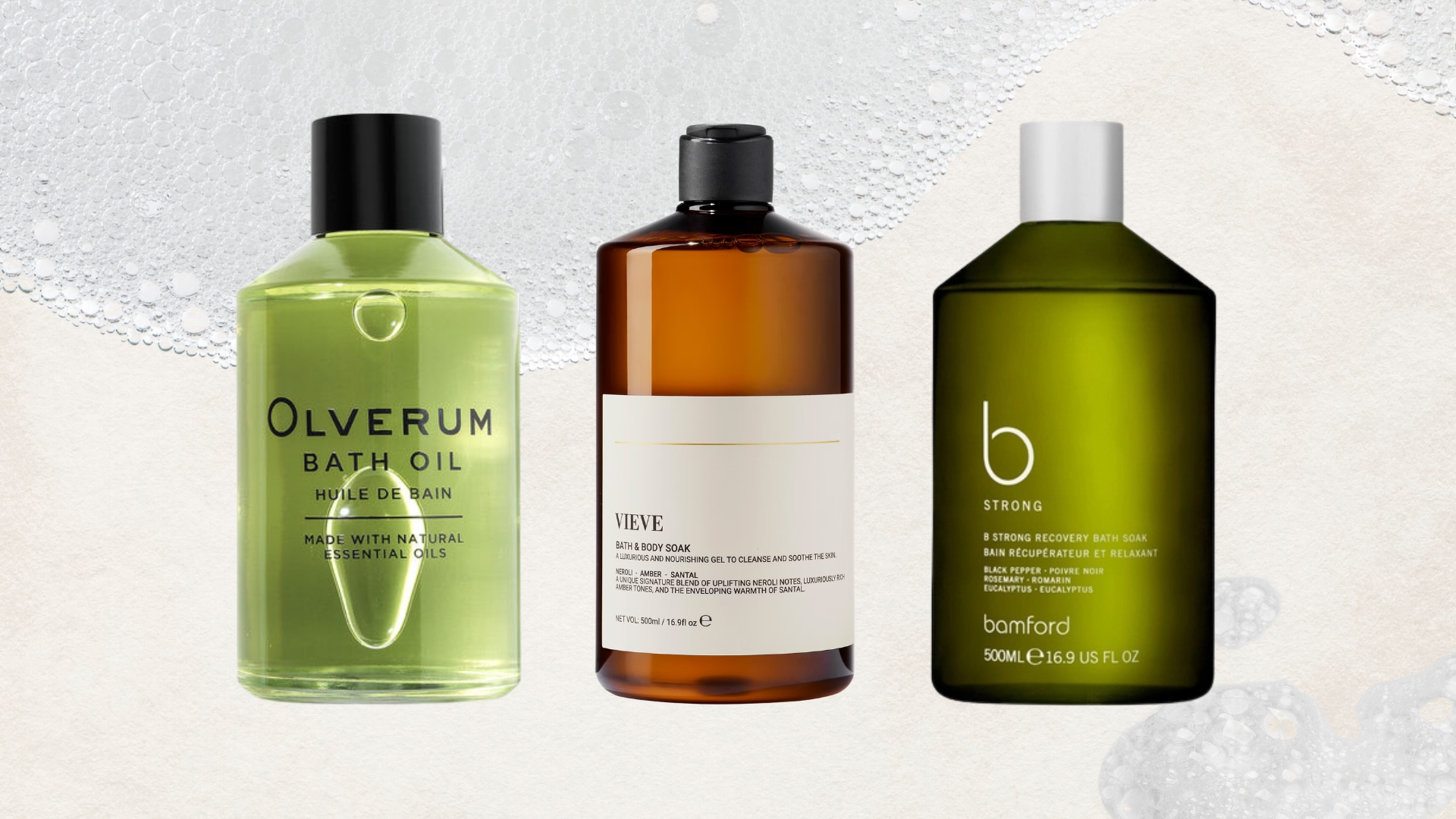 Lineup of the best bubble baths and oils (L-R) from Olverum, VIEVE and Bamford, on a beige background with bubbles and foam 