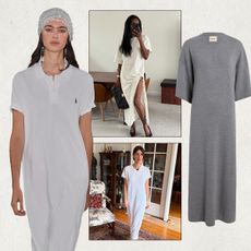 A collage showcasing the 2025 T-shirt dress trend on the runways and Instagram.