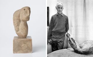 A Henry Moore scuplture from Jim Ede’s collection (left) and a photograph of Jim Ede with Brzeska’s Bird Swallowing Fish 