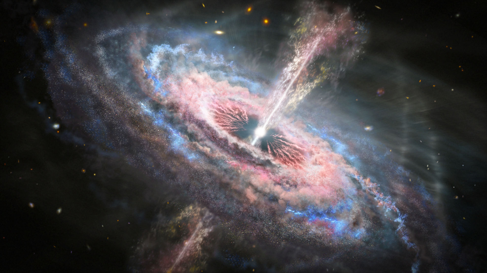 Ilustrasi galaksi dengan quasar, lubang hitam supermasif yang aktif, terang, dan jauh, di pusatnya