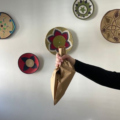 Hand holding a paper bag full of vacuum debris in front of wall baskets