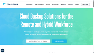 The CrashPlan website banner: "Cloud Backup Solutions for the Remote and Hybrid Workforce"