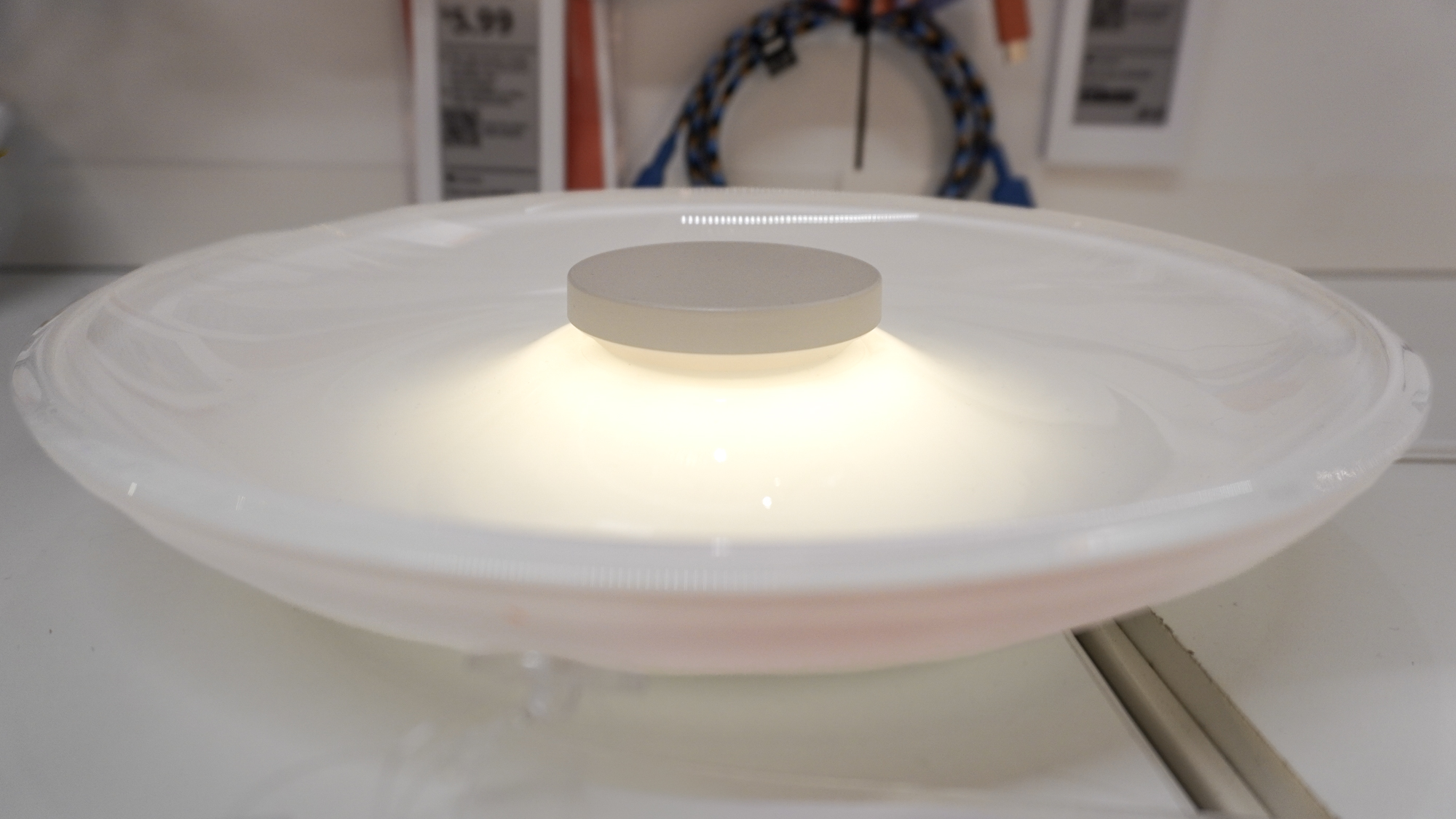 The V&amp;Auml;STM&amp;Auml;RKE glass bowl with built-in light and wireless charger at IKEA