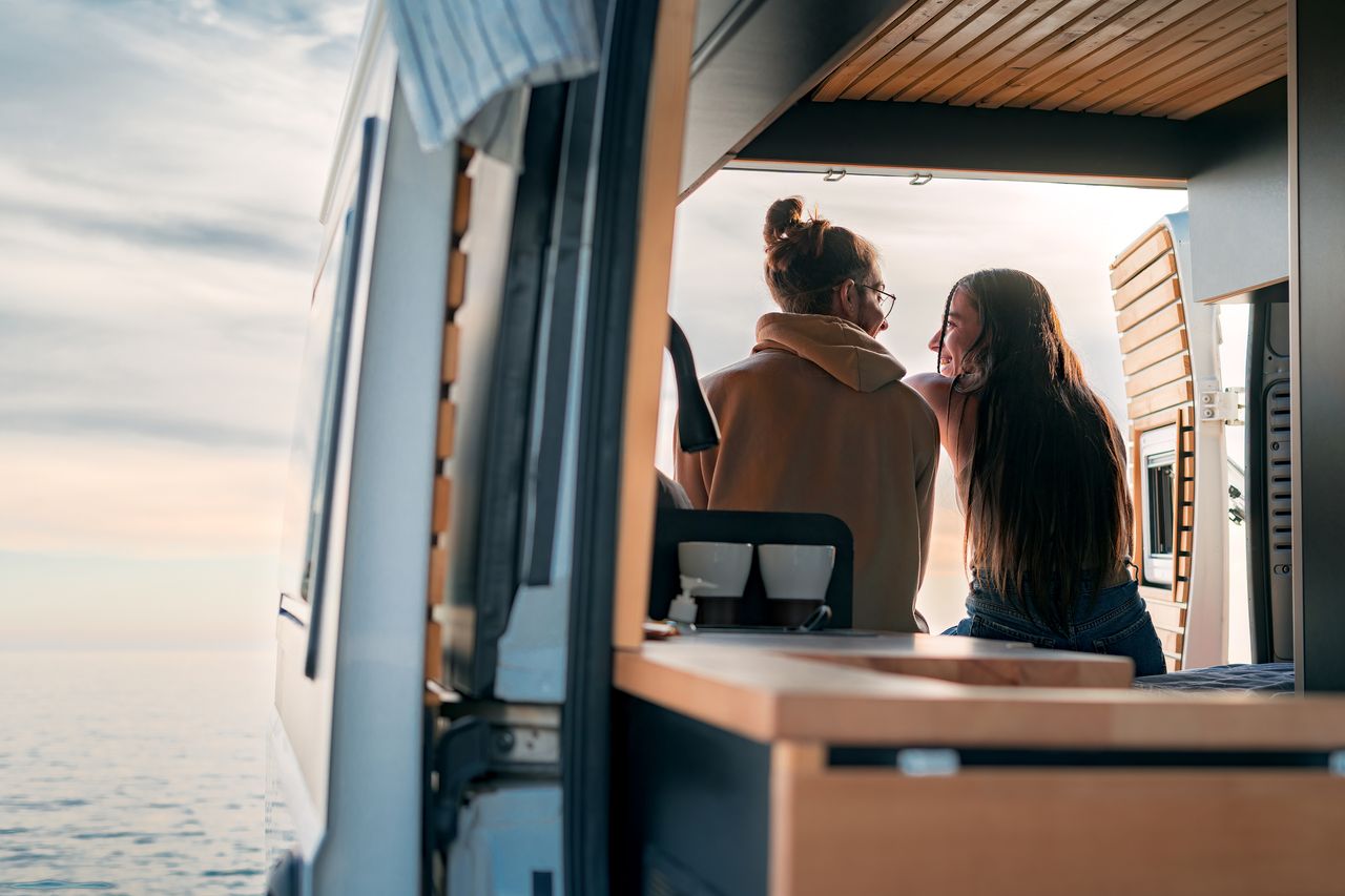 Couple in love living in a campervan, Valentine&#039;s Day, love in a campervan