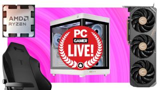 AMD, Secretlab, Skytech, Zotac products composited on a pink gradient background