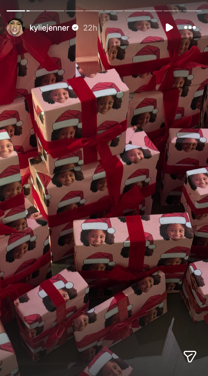 Kylie Jenner's photo of presents featuring custom gift wrap with Stormi's face