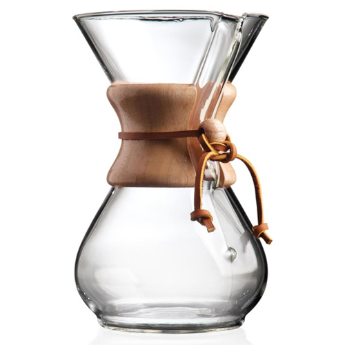 a picture of the chemex 6 cup glass coffeemaker on a white square background