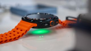 The new Bioactive health sensor on the Galaxy Watch Ultra being illuminated