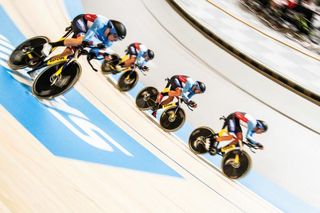 The Canada team competes in the Men's Team Pursuit on day one of the UCI Track World Cup