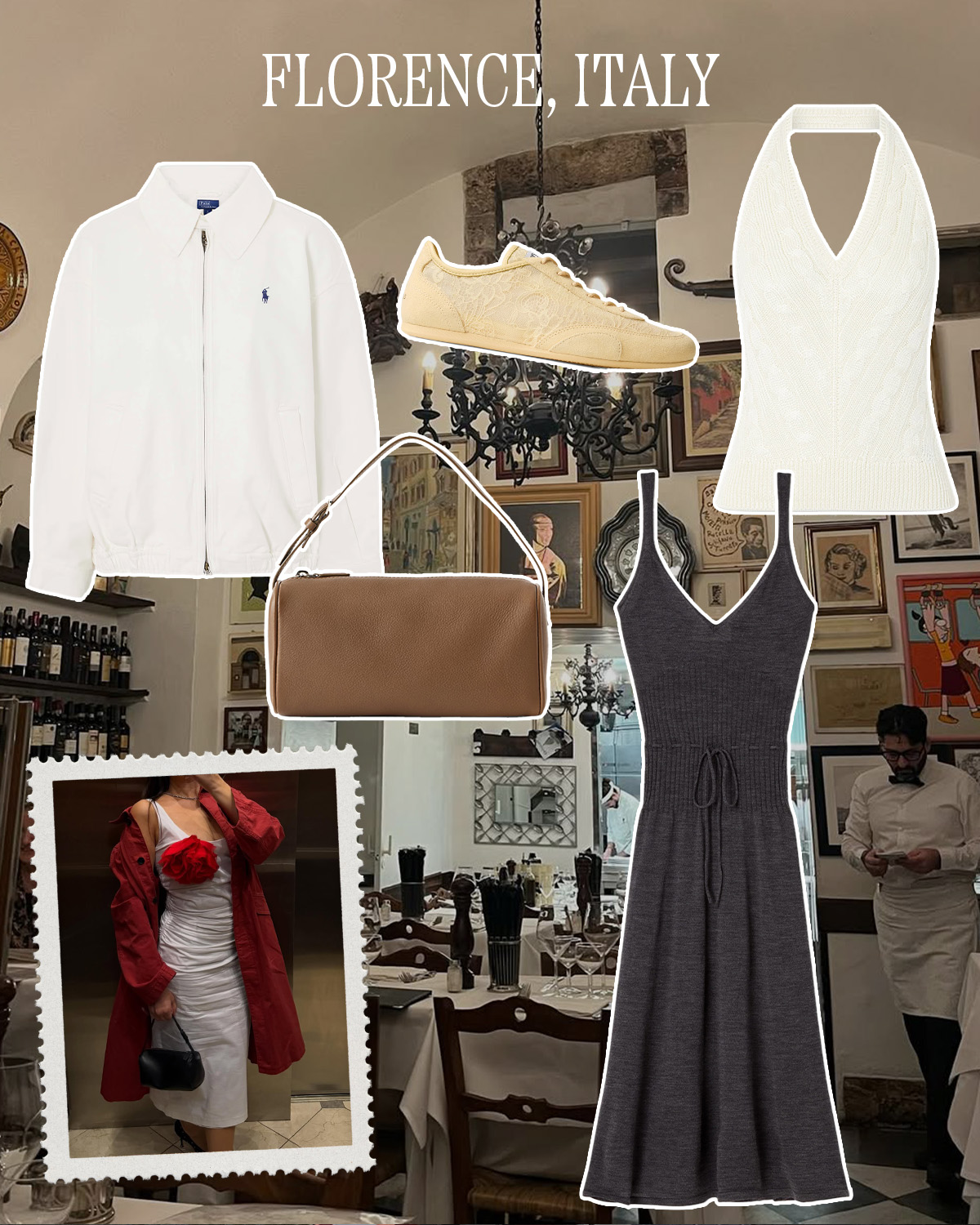 a collage of stylist and tastemaker outfits with vacation destination imagery and products featuring what to pack there