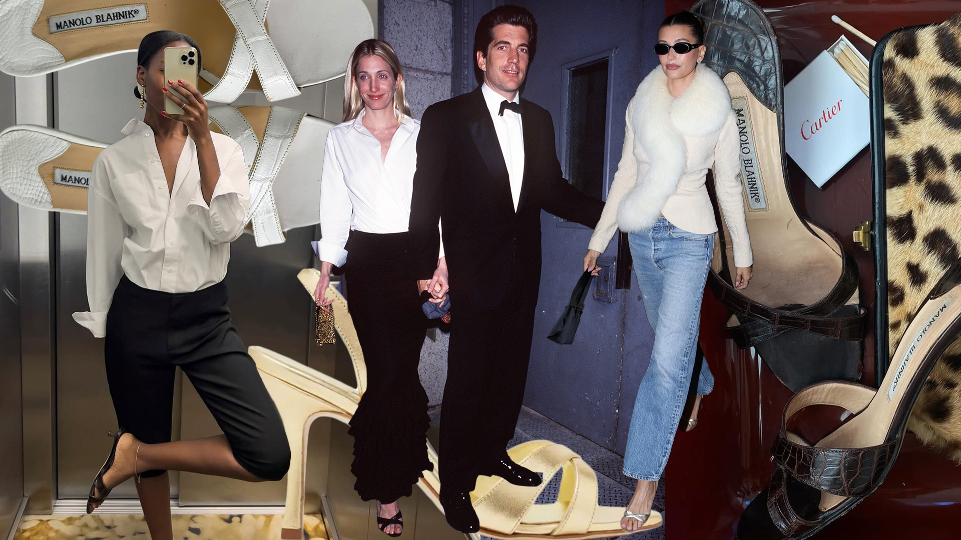 A collage of influencer, product, and Hailey Bieber street style images featuring Manolo Blahnik Callamu Mules.