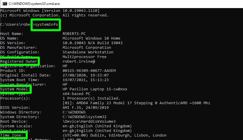 how to check pc specs in Windows 10 - command prompt