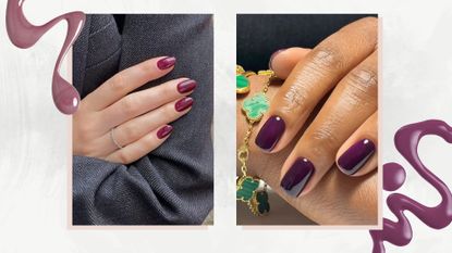 On the left, is a close-up of a hand with almond-shaped plum nails, created by nail artist and content creator, Mateja Novakovic (@matejanova) and on the left, if a close-up of a hand with short, purple-plum nails by manicurist, Julia Diogo (@paintedbyjools)/ both featured in a white and grey template with purple and plum nail polish spills.