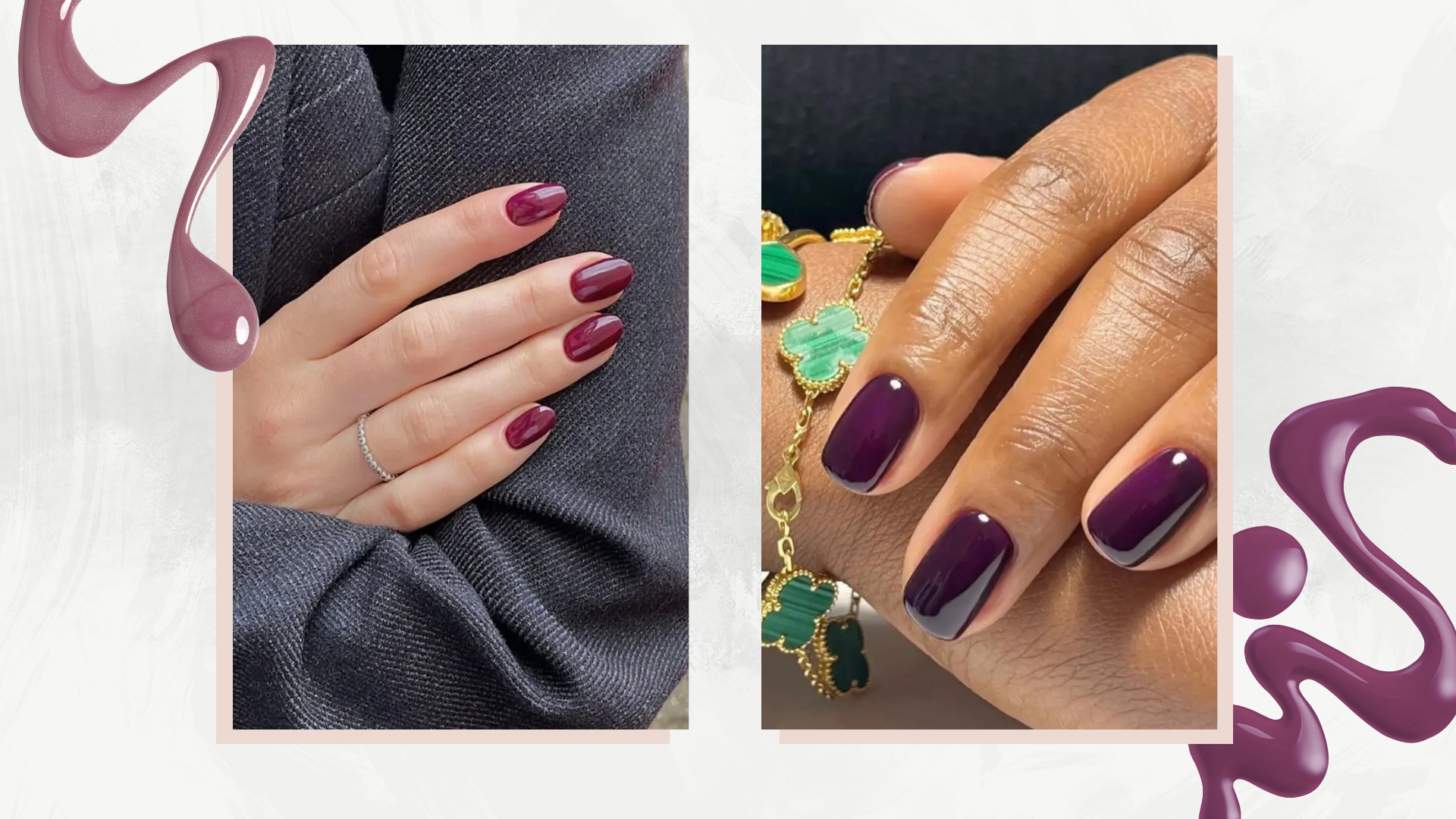 On the left, is a close-up of a hand with almond-shaped plum nails, created by nail artist and content creator, Mateja Novakovic (@matejanova) and on the left, if a close-up of a hand with short, purple-plum nails by manicurist, Julia Diogo (@paintedbyjools)/ both featured in a white and grey template with purple and plum nail polish spills. 