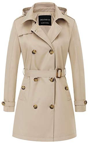 Creatmo Us Damen Regenmantel mit Kapuze, Militärmantel, langer Trenchcoat, Mantel mit Gürtel, Khaki, 2XL