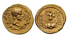 A 1st c AD gold coin with a portrait of Brutus on the front and a trophy and ships on the back, against a white background