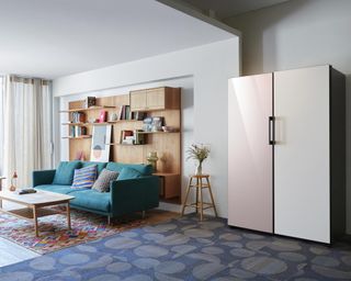 Blue living room with samsung fridge