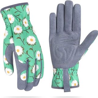 patterned floral gardening gloves on white background