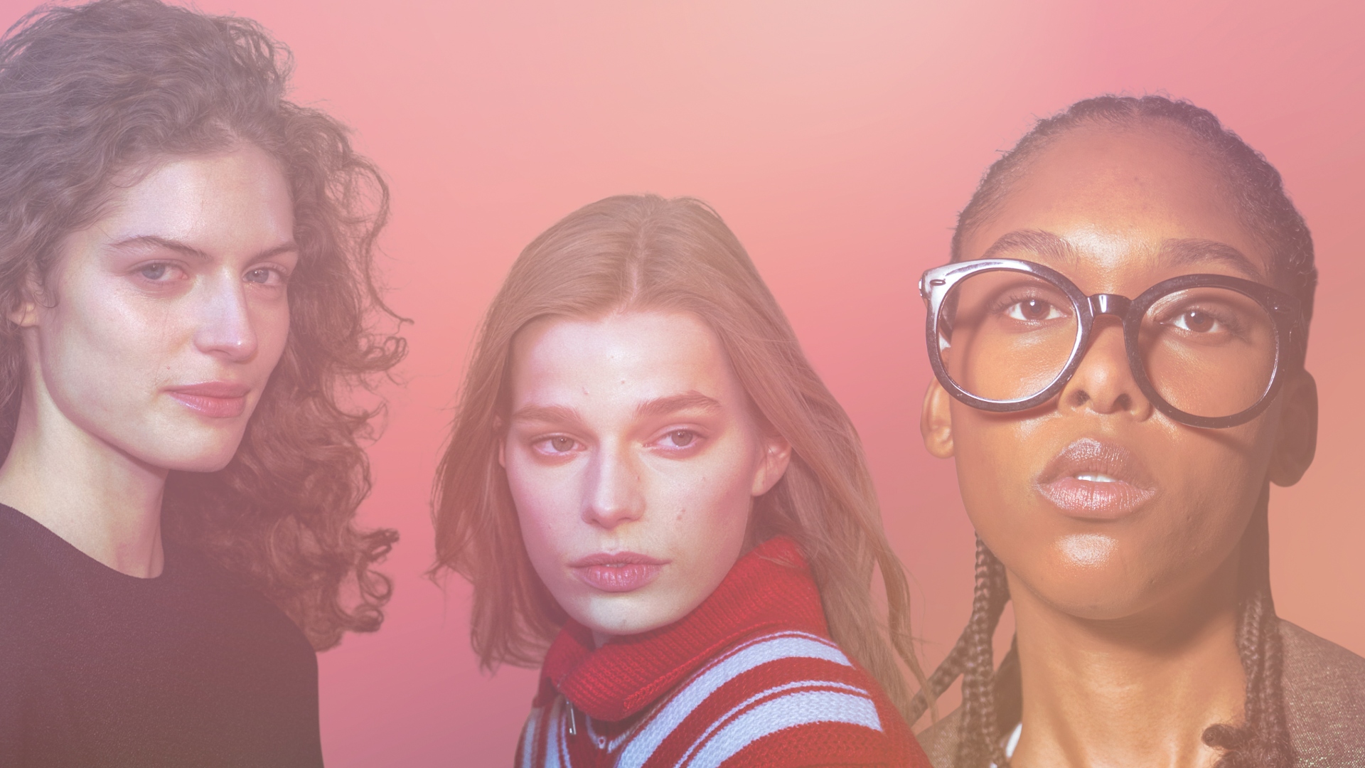 pink background with models on top 