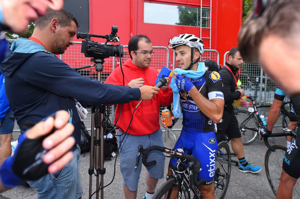 Gianluca Brambilla (Etixx-QuickStep) talks to the media after teammate and roommate David de la Cruz won stage 9