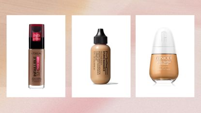 Collage of three of the best waterproof foundations featured in this guide from L&#039;Oréal Paris, MAC and Clinique against a pink watercolour-style background