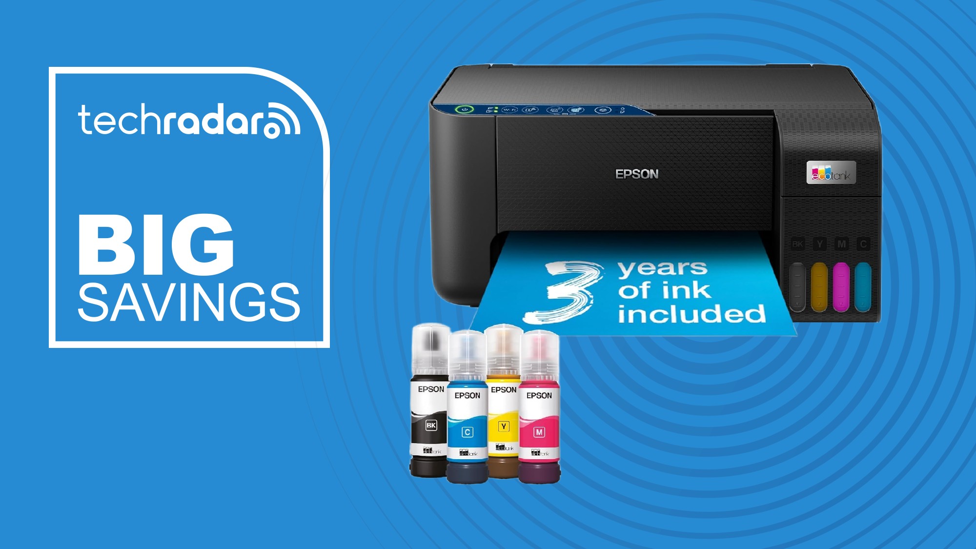An Epson EcoTank ET-2861 printer on a blue background next to a TechRadar badge that reads 'Big Savings'
