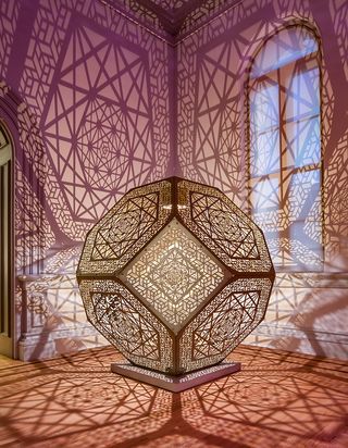 lit up art installation at the Renwick Gallery called Heart of Gold, 2016, by HYBYCOZO