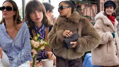 Collage of woman wearing a striped button-down shirt with black sunglasses; Emily in Paris wearing a striped shirt with a sweater vest; woman wearing a fur coat with a black bag and black sunglasses; and Emily in Paris wearing a black hat, red scarf, and fur coat.