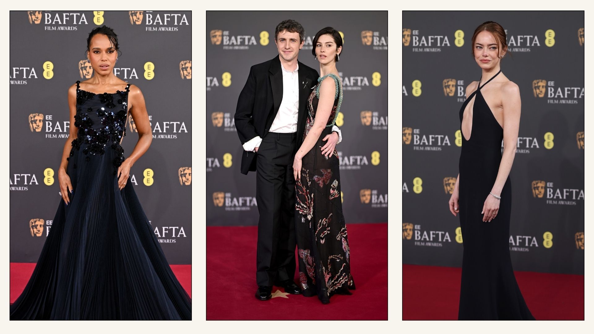 Images of three celebrities from the BAFTA award red carpet in February 2026. 