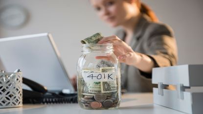 picture of woman putting money in a jar labeled 401K