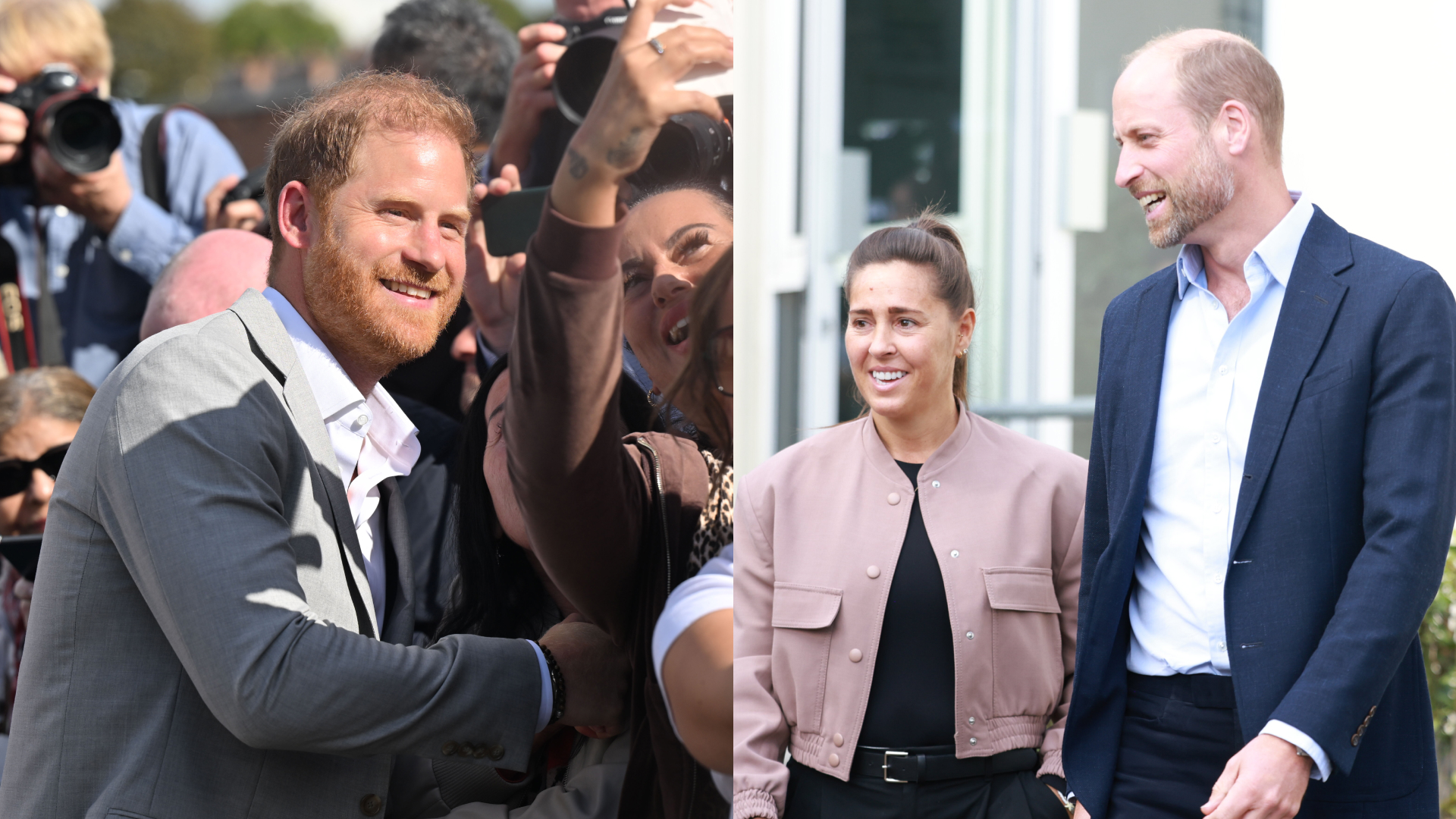 Prince Harry posing with a crowd of fans for selfies; Prince William smiling next to a woman wearing a pink jacket