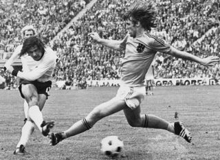 Gerd Müller scores for West Germany against the Netherlands in the 1974 World Cup final.