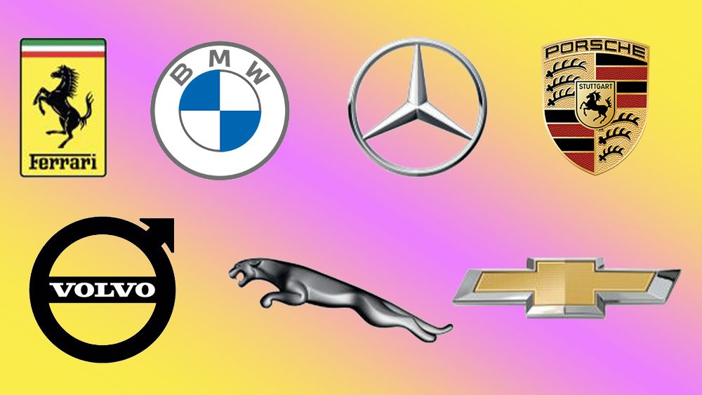 Seven of the best car logos: the logos of Ferrari, BMW, Mercedes, Porsche, Volvo, Jaguar and Chevrolet on a yellow and pink gradient background