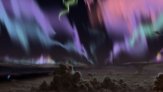 Artist's rendering of Jupiter's auroras seen from within the Jovian cloudscape.