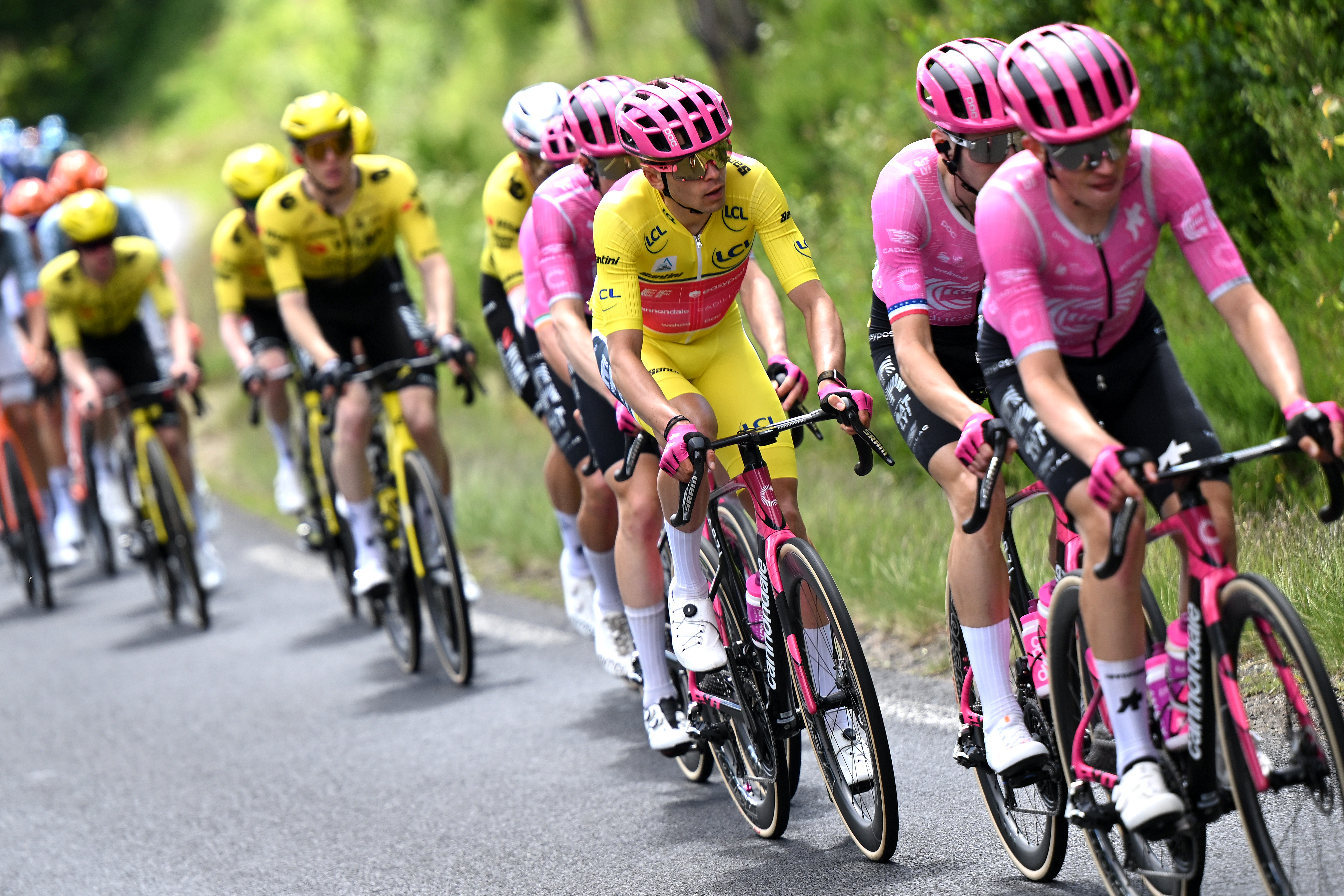 MONTROND-LES-BAINS, FRANCE - JUNE 10: Alex Baudin of France and Team EF Education - EasyPost - Yellow leader jersey competes during the 78th Tour Auvergne-Rhone-Alpes 2026, Stage 4 a 167.4km stage from Le Puy-en-Velay to Montrond-les-Bains / #UCIWT / on June 10, 2026 in Montrond-les-Bains, France. (Photo by Dario Belingheri/Getty Images)