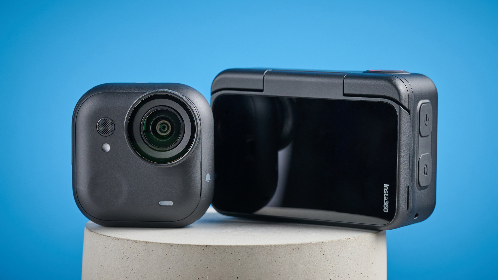 Insta360 Go Ultra against a blue background