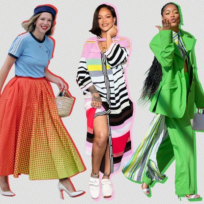 A graphic of Christopher John Rogers's fashion swans, including Rihanna, Keke Palmer, and Anne Hathaway