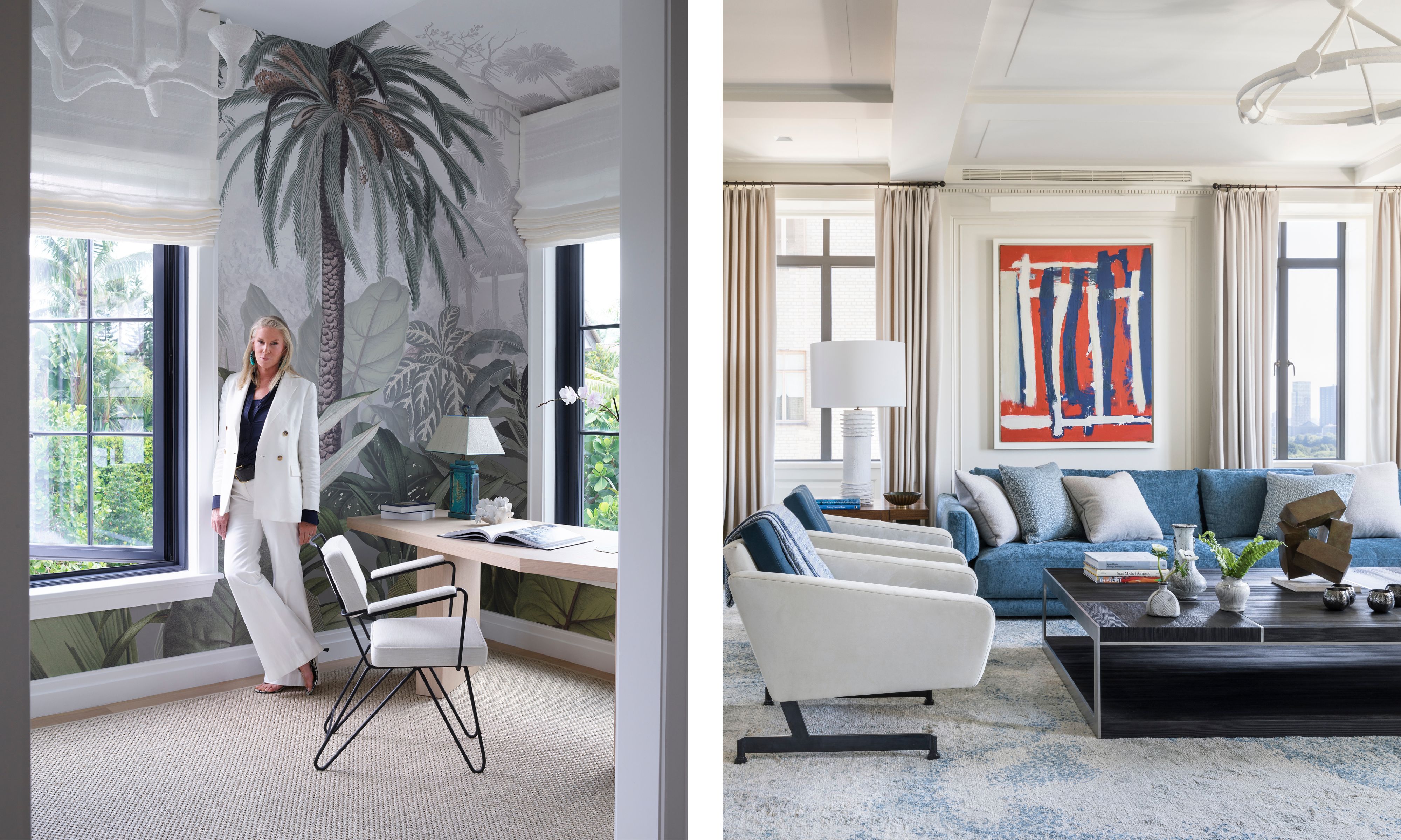 two shots next to each other. On the left, Victoria Hagan stands in a home office. On the right, white and blue sofas sit under modern art