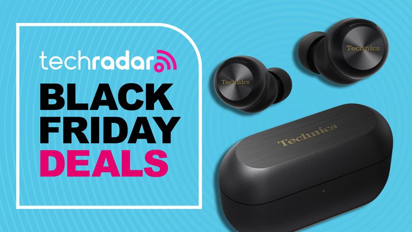 Technics EAH-AZ100 earbuds on blue TR background with &#039;Black Friday deals&#039; poster