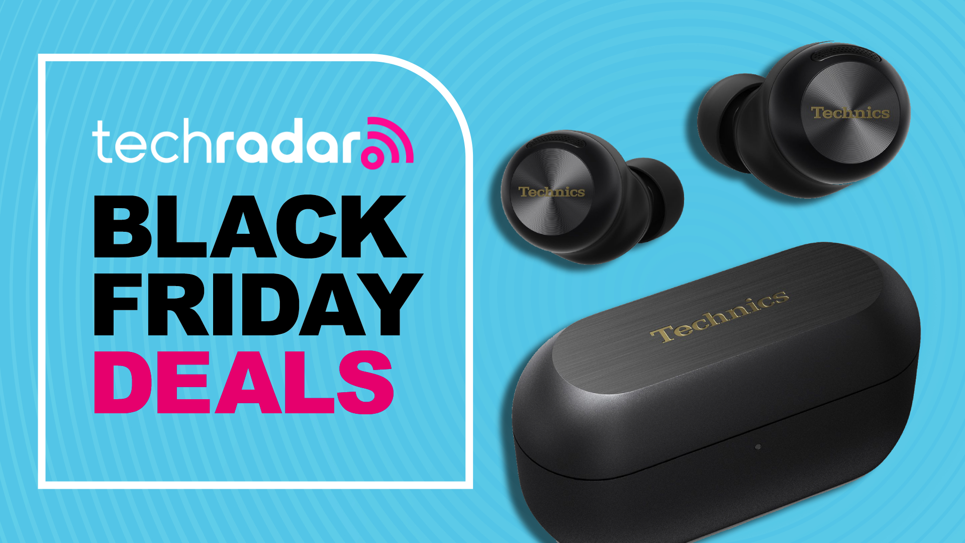 Technics EAH-AZ100 earbuds on blue TR background with &#039;Black Friday deals&#039; poster