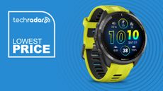 Garmin forerunner on a blue background with the text "lowest price"