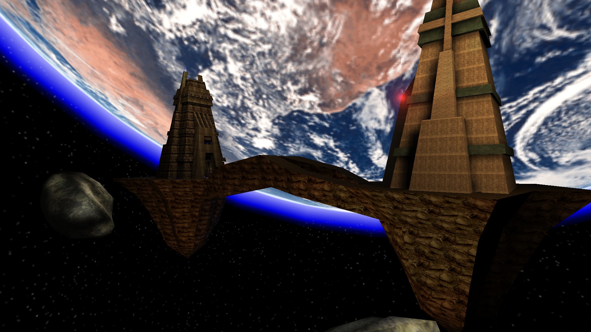 The stone twin towers of Facing Worlds, sat on a strip of asteroid with the Earth hovering in the background